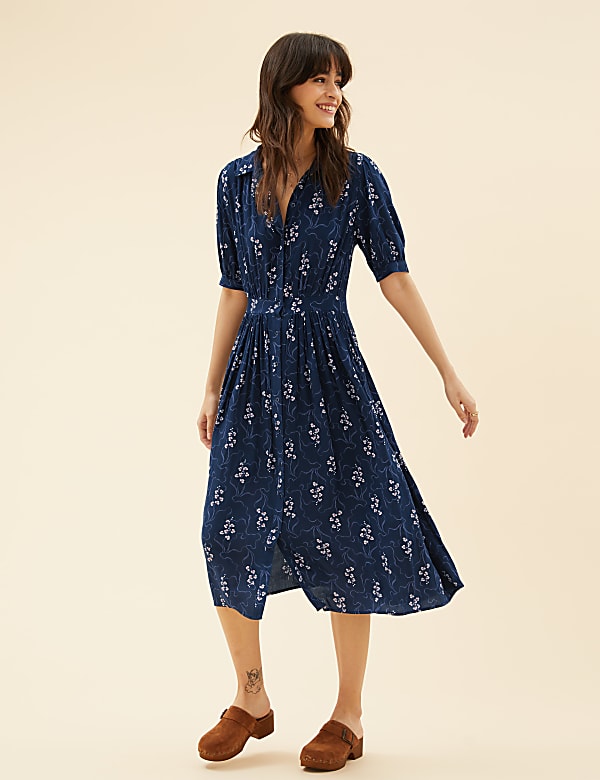 Printed Collared Midi Shirt Dress