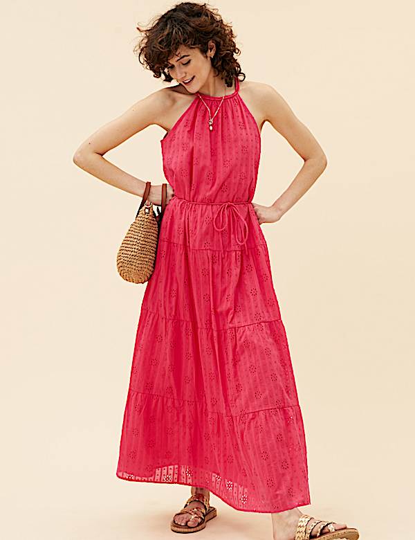 Pure Cotton Broderie Sleeveless Maxi Dress
