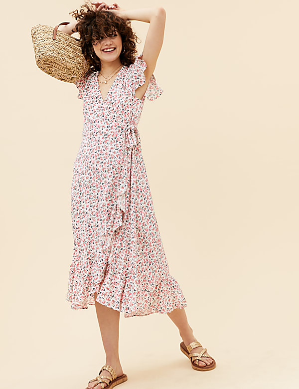 Ditsy Floral V-Neck Midi Wrap Dress