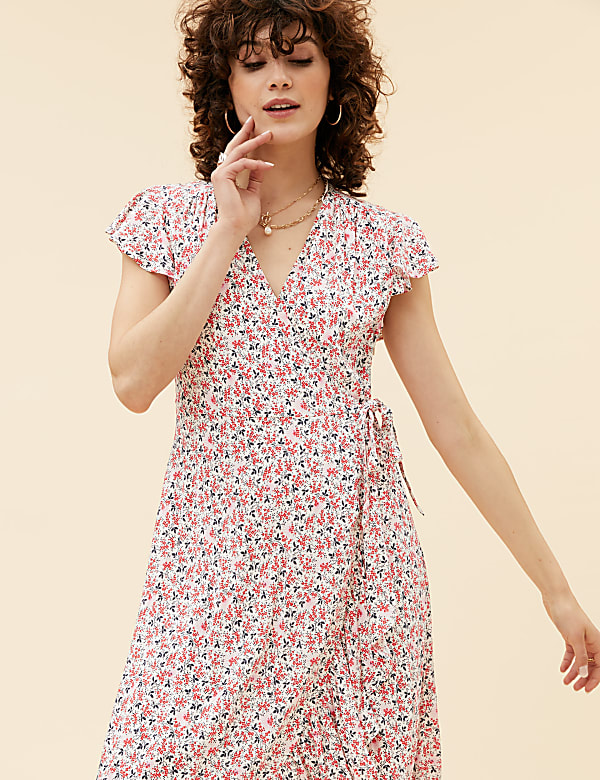 Ditsy Floral V-Neck Midi Wrap Dress