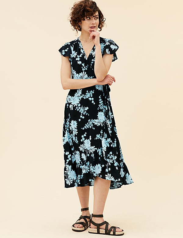 Ditsy Floral V-Neck Midi Wrap Dress