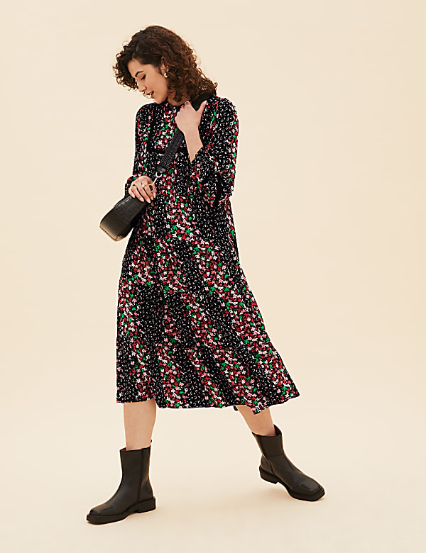 Floral Round Neck Midi Tiered Dress