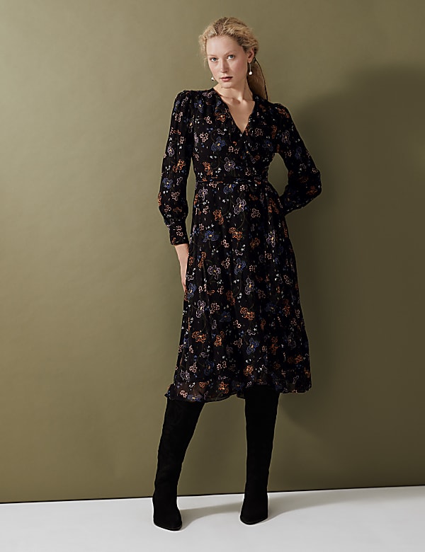 Floral V-Neck Frill Detail Midi Wrap Dress