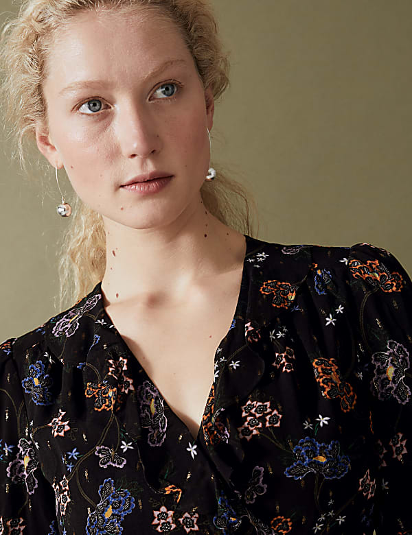 Floral V-Neck Frill Detail Midi Wrap Dress