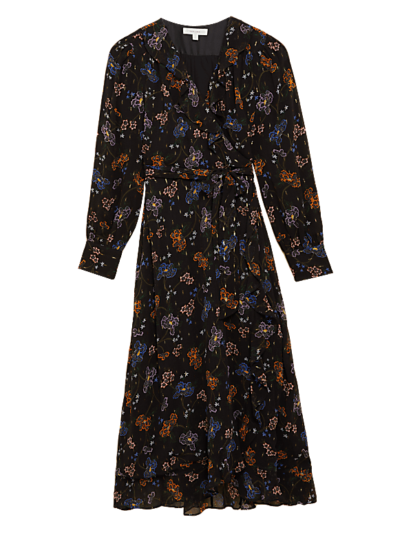 Floral V-Neck Frill Detail Midi Wrap Dress