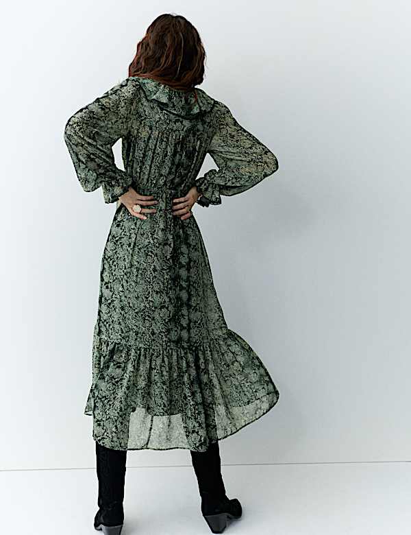 Snake Print V-Neck Frill Detail Midi Dress