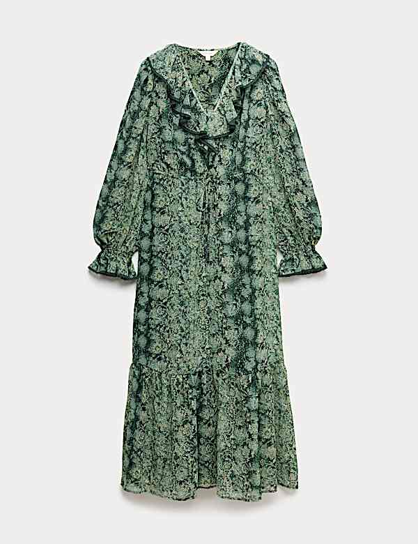 Snake Print V-Neck Frill Detail Midi Dress - VN