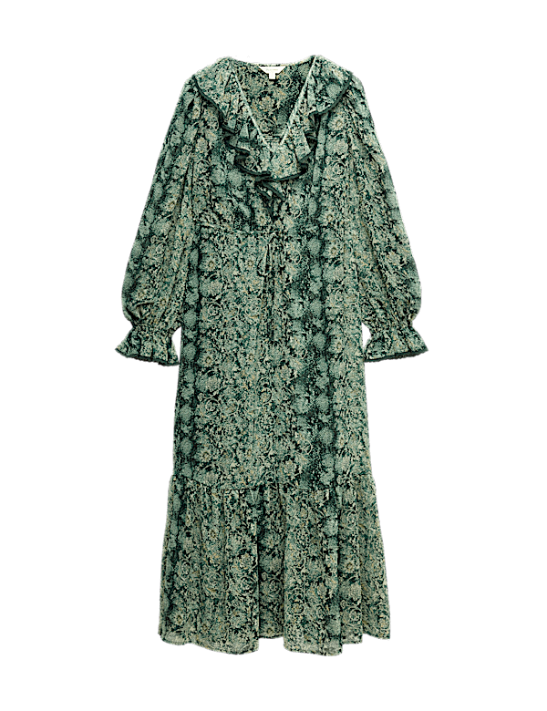 Snake Print V-Neck Frill Detail Midi Dress