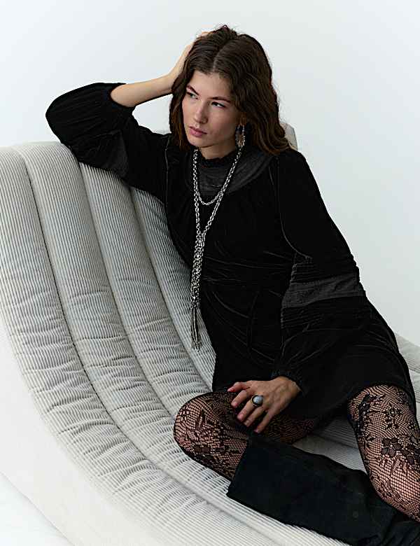 Velvet Embroidered Mini Swing Dress - CA