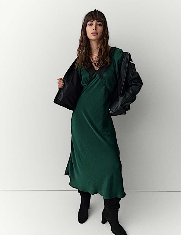 Satin Appliqué V-Neck Lace Trim Midi Dress - NZ