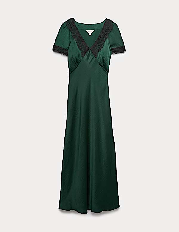 Satin Appliqué V-Neck Lace Trim Midi Dress - NZ