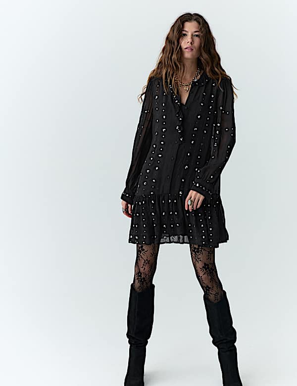 Chiffon Subtle Sequin Mini Tiered Dress - US