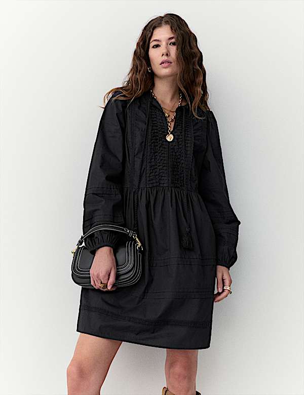 Pure Cotton Tie Neck Pleated Mini Dress - US