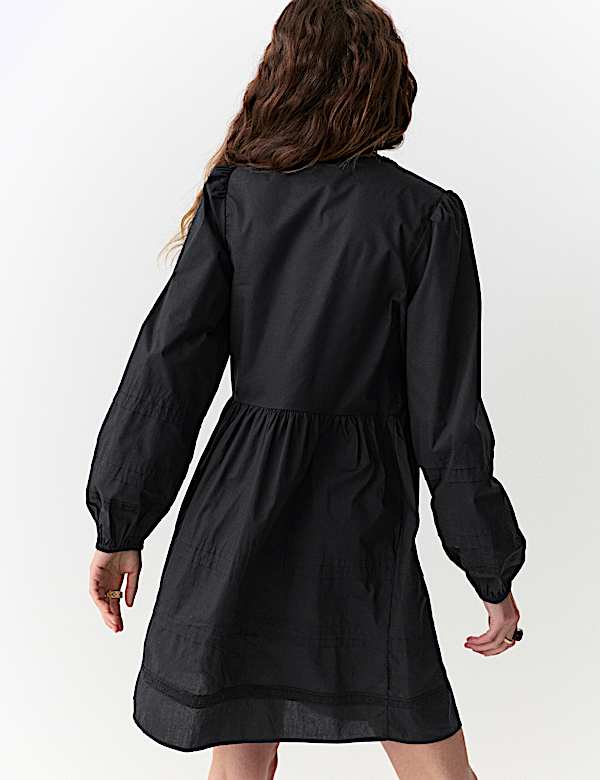 Pure Cotton Tie Neck Pleated Mini Dress - US