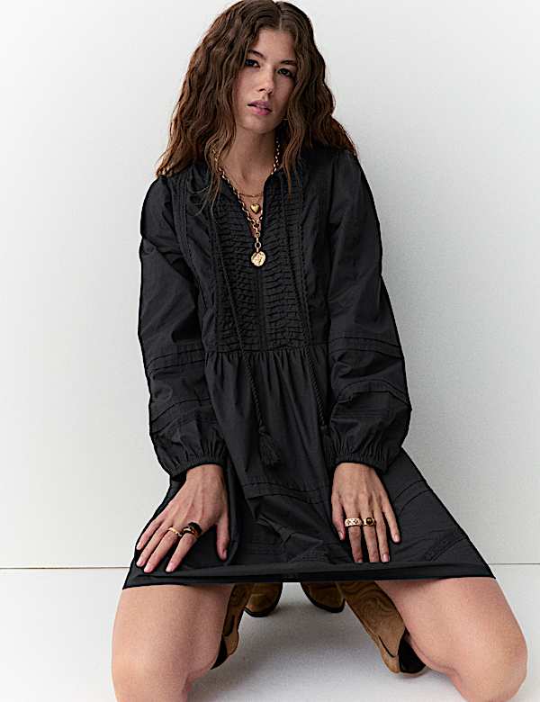 Pure Cotton Tie Neck Pleated Mini Dress - US