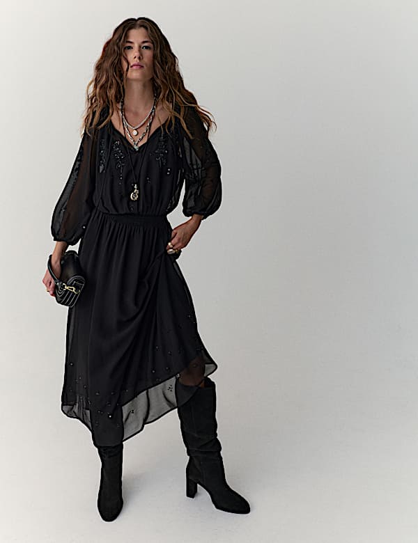 Embellished Tie-Neck Midi Waisted Dress - AL