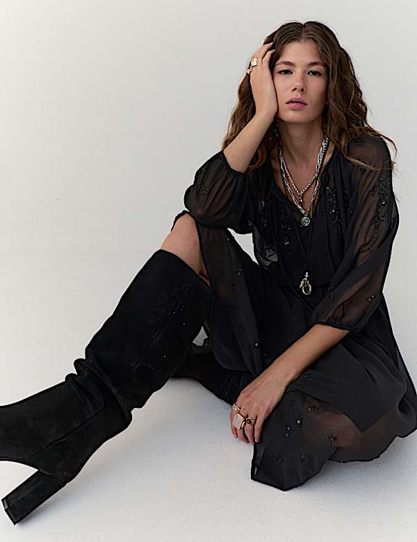 Gaun Berikat Pinggang Midi Berhiasan Kerah Ikat Tali - ID