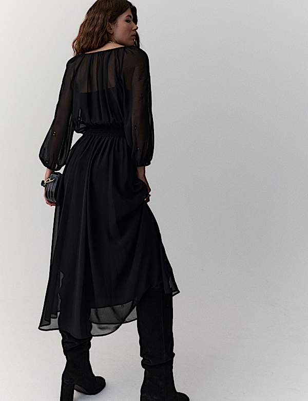 Gaun Berikat Pinggang Midi Berhiasan Kerah Ikat Tali - ID