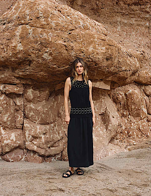 Pure Cotton Crochet Style Double Cloth Mix Midi Dress | BLACK | Dresses
