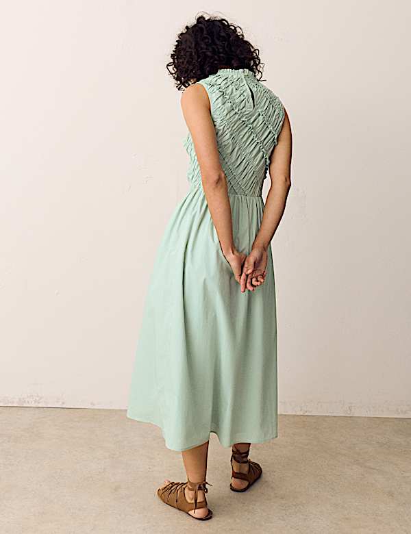 Pure Cotton Shirred Sleeveless Midi Dress - VN
