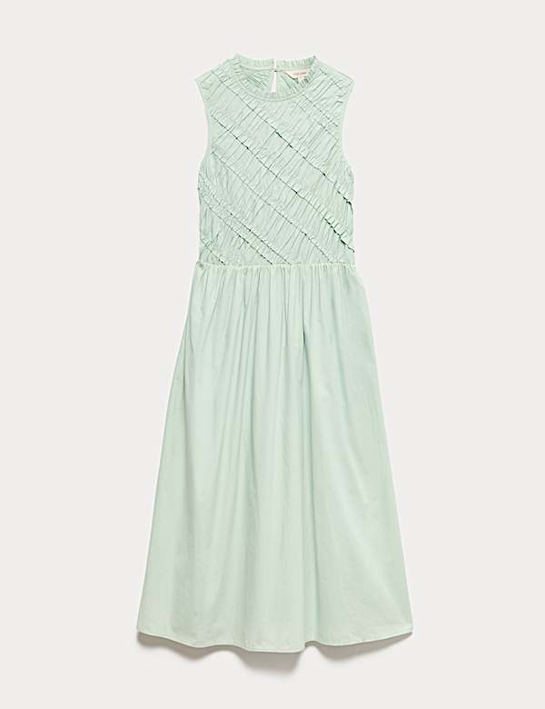 Pure Cotton Shirred Sleeveless Midi Dress - VN