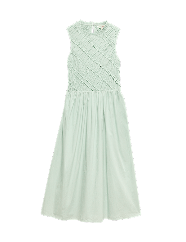 Pure Cotton Shirred Sleeveless Midi Dress