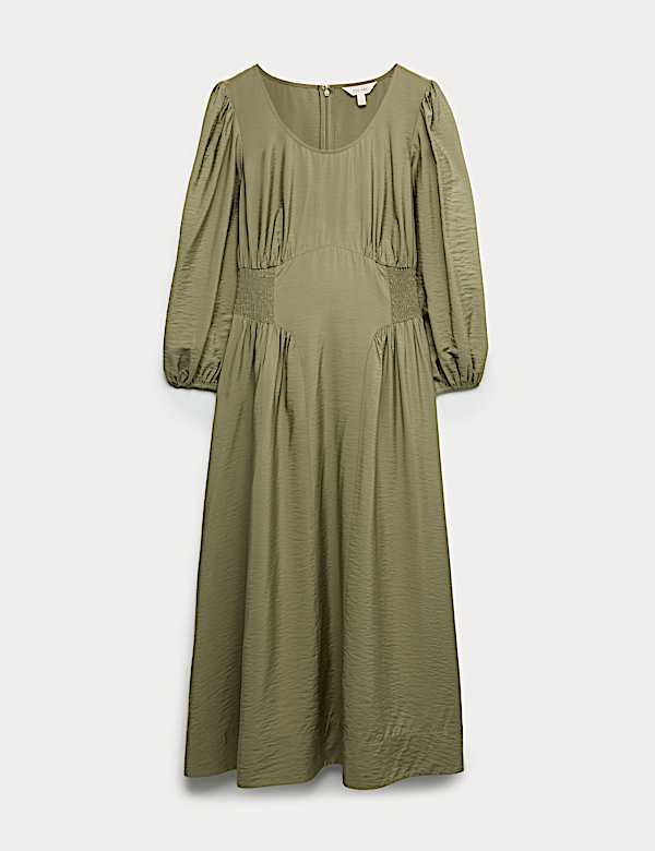 Gesmokte midi-jurk met wijde, ronde hals - BE