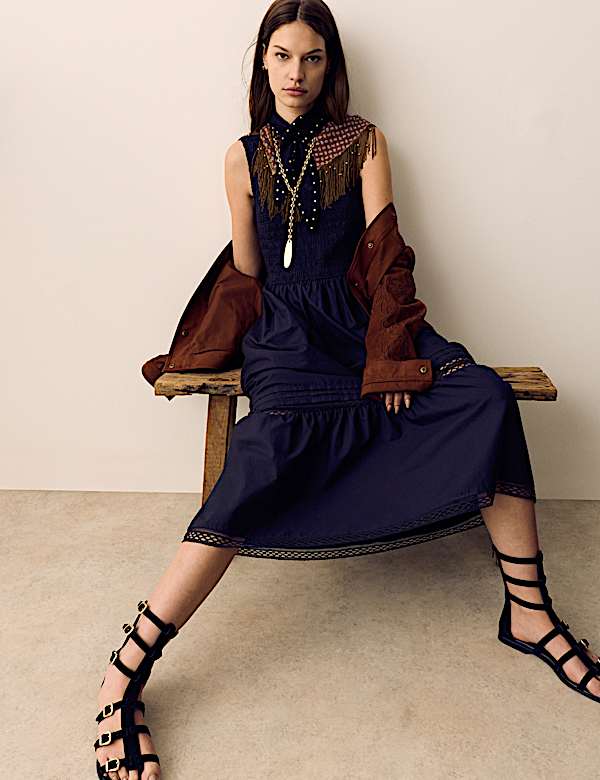 Pure Cotton Midi Shirred Dress - AL