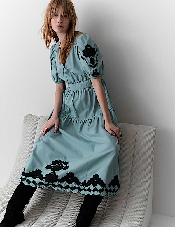 Pure Cotton Appliqu Midaxi Waisted Dress | DUSTED AQUA | Dresses | M&S US