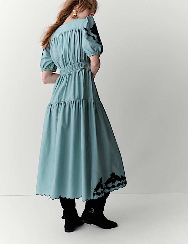 Pure Cotton Appliqu&eacute; Midaxi Waisted Dress - BN