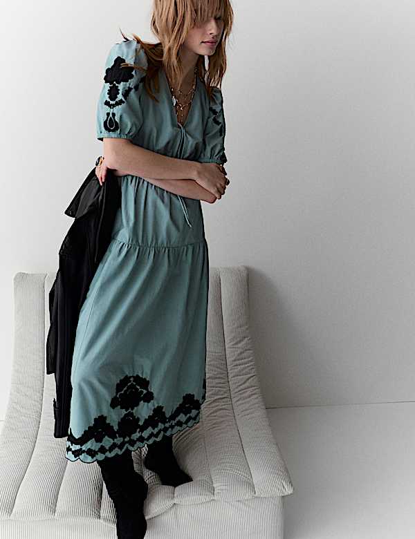 Pure Cotton Appliqu&eacute; Midaxi Waisted Dress - BN