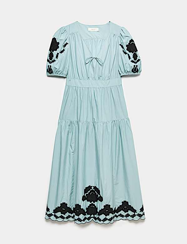 Pure Cotton Appliqu&eacute; Midaxi Waisted Dress - BN