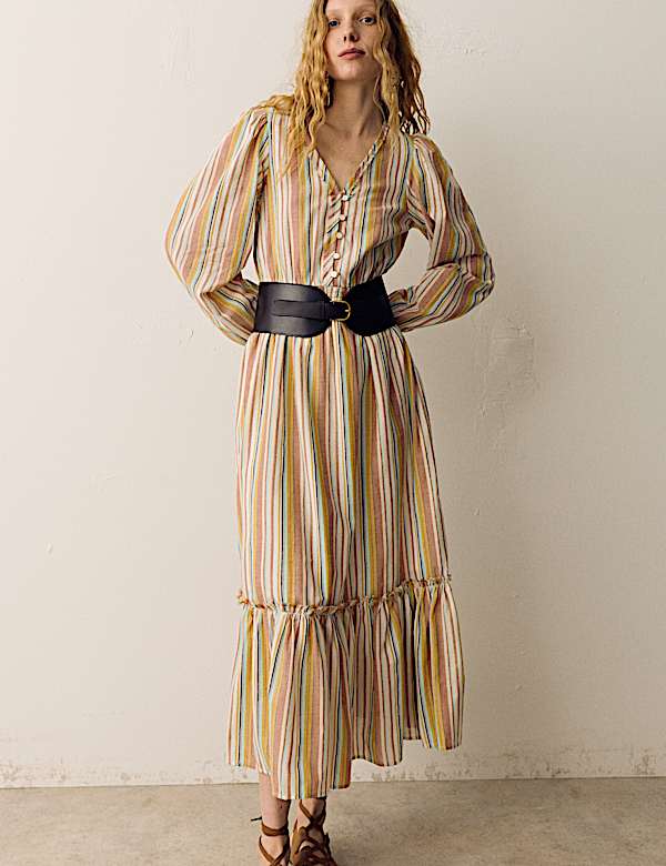 Pure Cotton Striped V-Neck Midaxi Dress