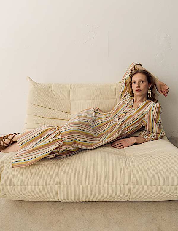 Pure Cotton Striped V-Neck Midaxi Dress