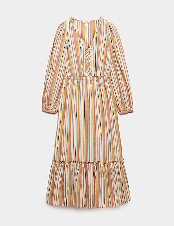 Robe midaxi 100 % coton &agrave; col en V et rayures - BE