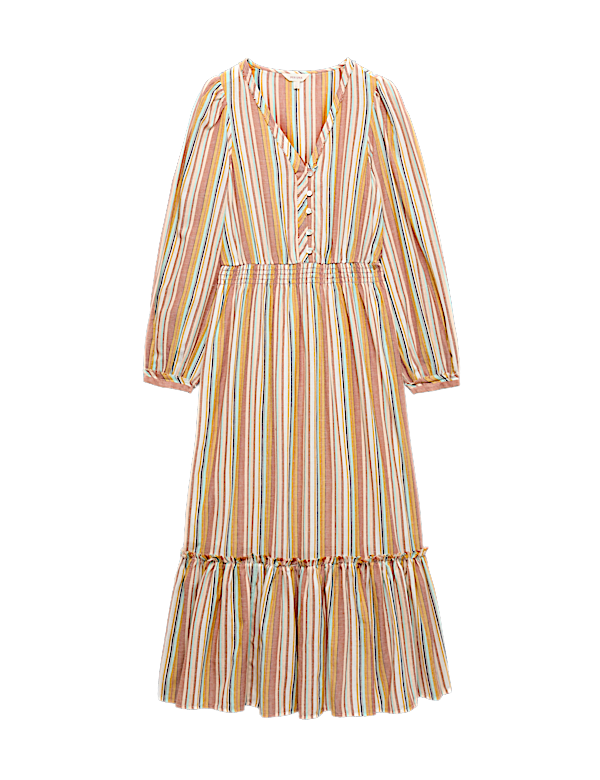 Pure Cotton Striped V-Neck Midaxi Dress