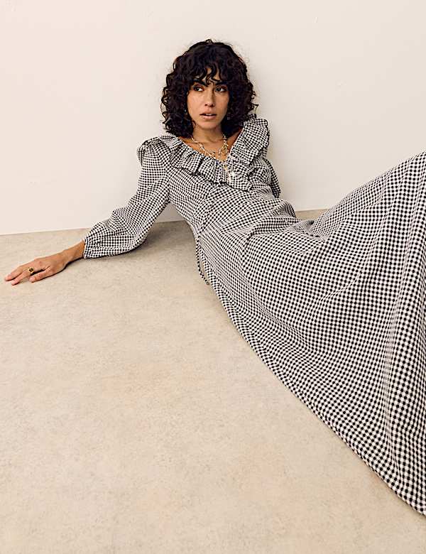 Cotton Rich Gingham Frill Neck Midaxi Dress - SK