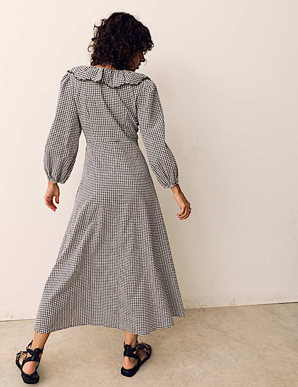Cotton Rich Gingham Frill Neck Midaxi Dress - SK