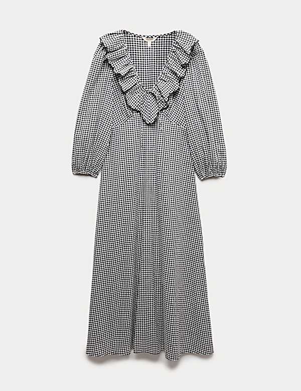 Cotton Rich Gingham Frill Neck Midaxi Dress - SK