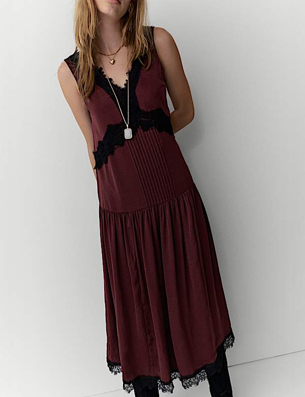 Satin Lace Detail Midi Drop Waist Dress - KR