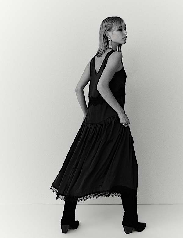 Satin Lace Detail Midi Drop Waist Dress - KR