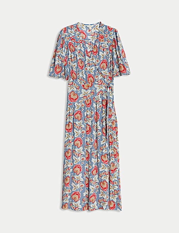 Floral V-Neck Gathered Midi Wrap Dress