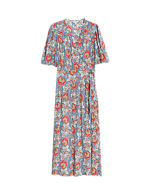Floral V-Neck Gathered Midi Wrap Dress