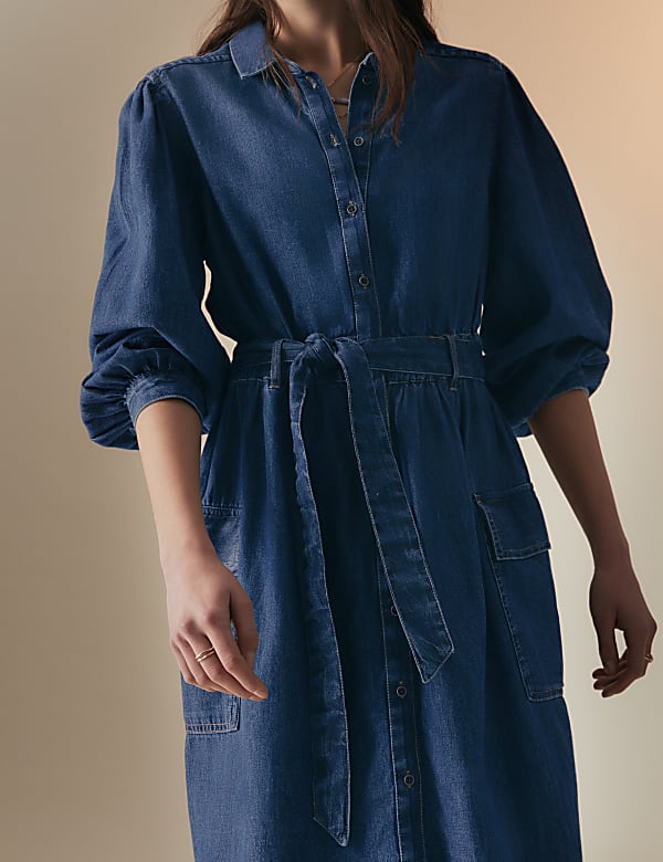 Denim Collared Midi Utility Shirt Dress - JP