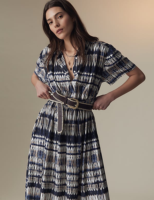Printed Collared Midaxi Shirt Dress DARK BLUE MIX Dresses M S CZ
