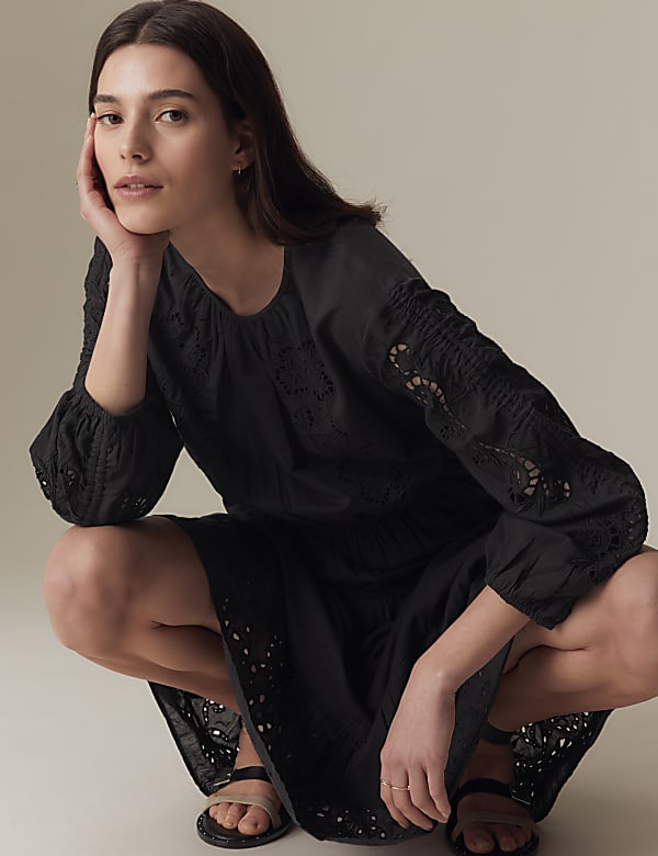 Cotton Rich Embroidered Midi Waisted Dress