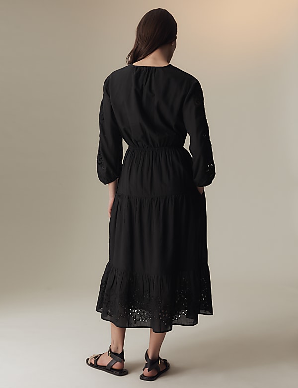 Cotton Rich Embroidered Midi Waisted Dress