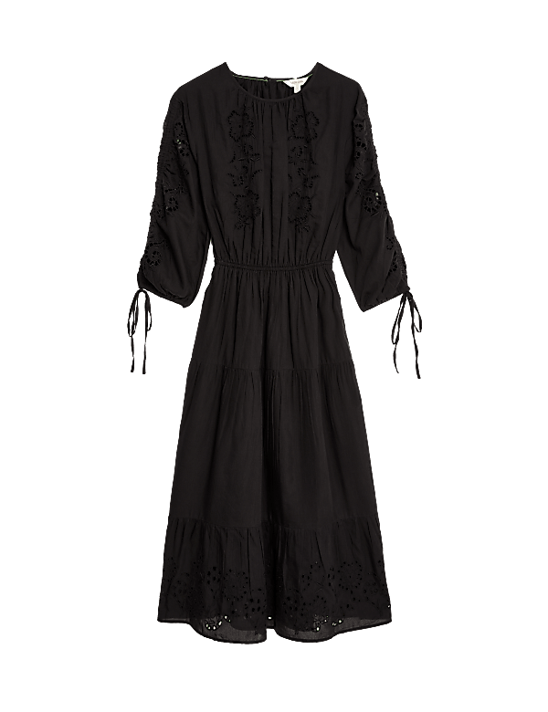 Cotton Rich Embroidered Midi Waisted Dress