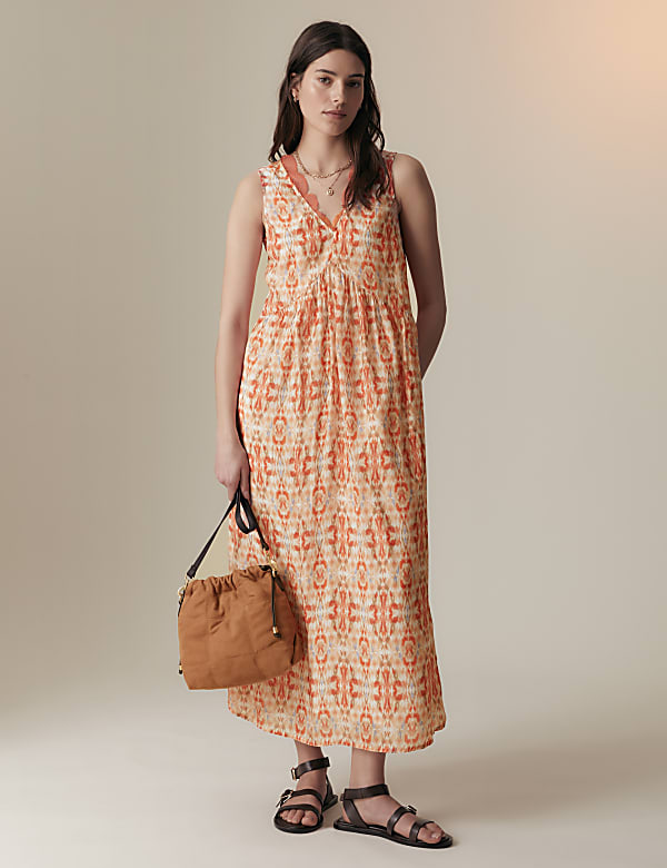 Cupro Blend Printed V-Neck Tea Midi Dress