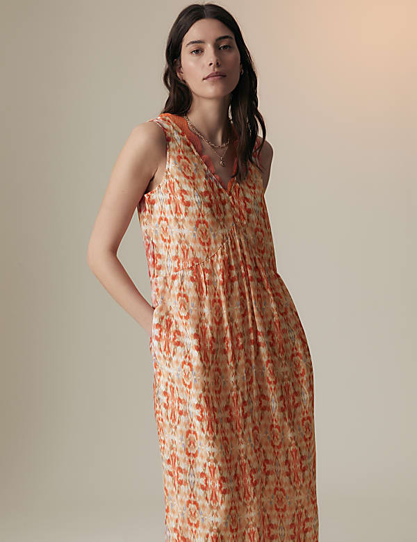 Cupro Blend Printed V-Neck Tea Midi Dress